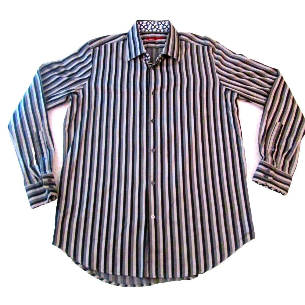 Robert Graham Mens Button Up Long Sleeve Shirt Large Black White Striped Paisley